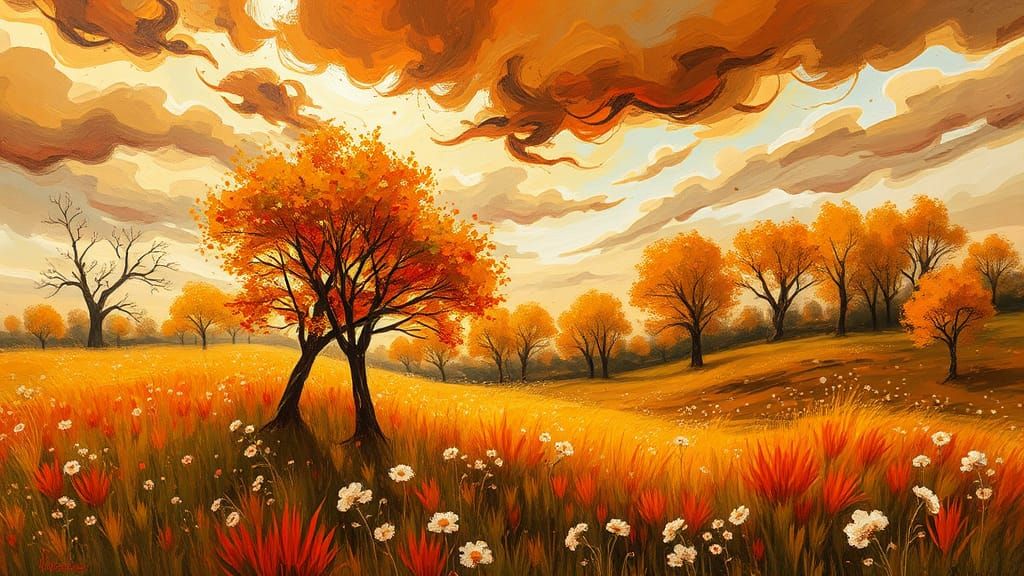Autumn Meadow: Impressionist Landscape with Swirling Clouds