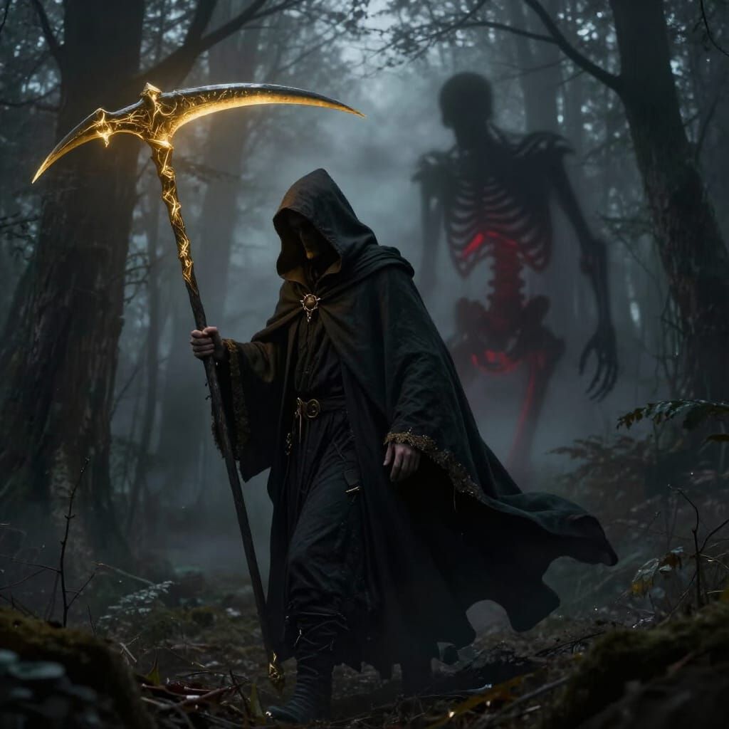 Dark Fantasy Art: Cloaked Man and Grim Reaper Shadow