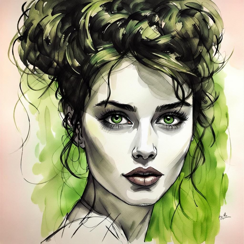 Modern Charcoal Sketch of Beautiful Green-Eyed Woman