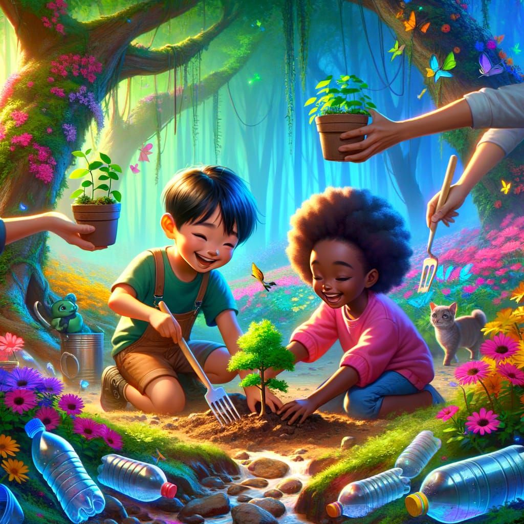 Children Planting Trees: A Fantasy Illustration