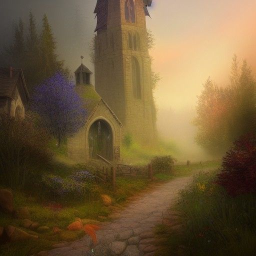 Village Path Through Misty Forest, Matte Painting