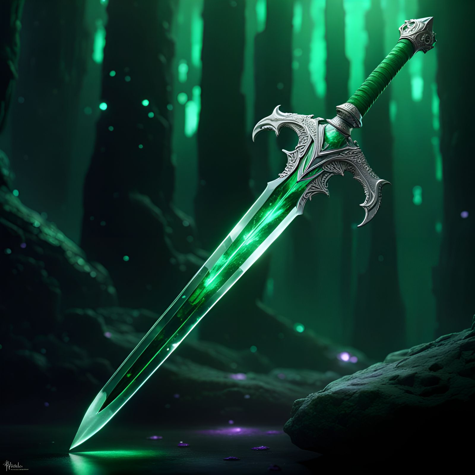 Emerald Crystal Longsword in Starfield, Dark Fantasy Art