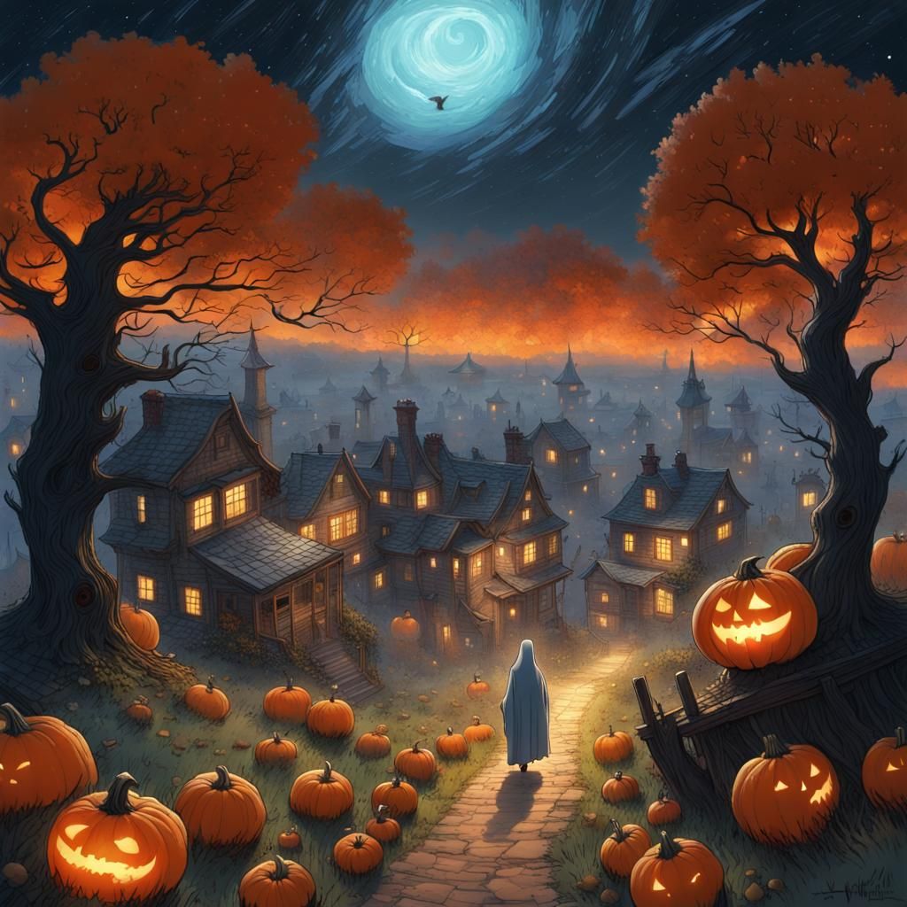 Ghostly Apparition over Haunted Village, Surreal Digital Art