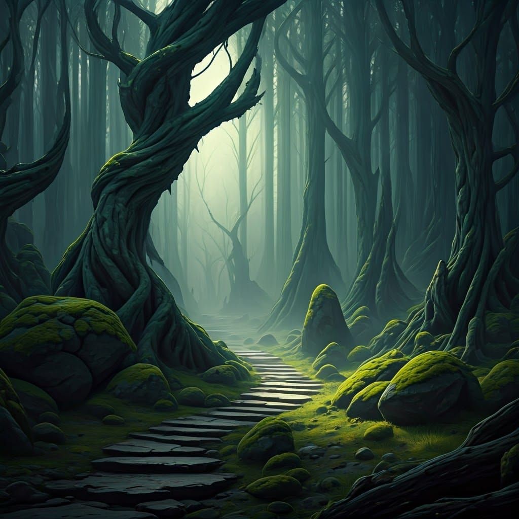 Ethereal Primordial Landscape with Ancient Trees and Gnarled...