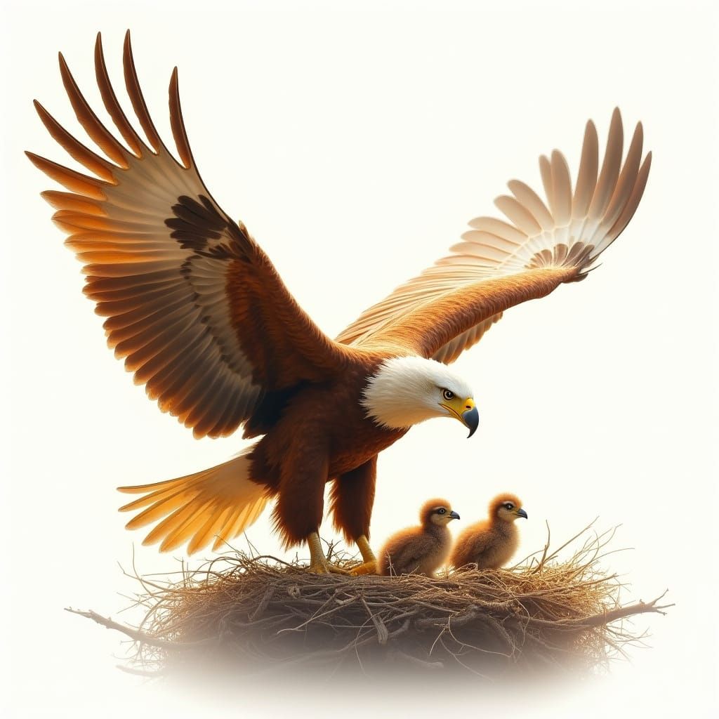 Eagle Spreads Wings Over Nest in Majestic 3/4 View