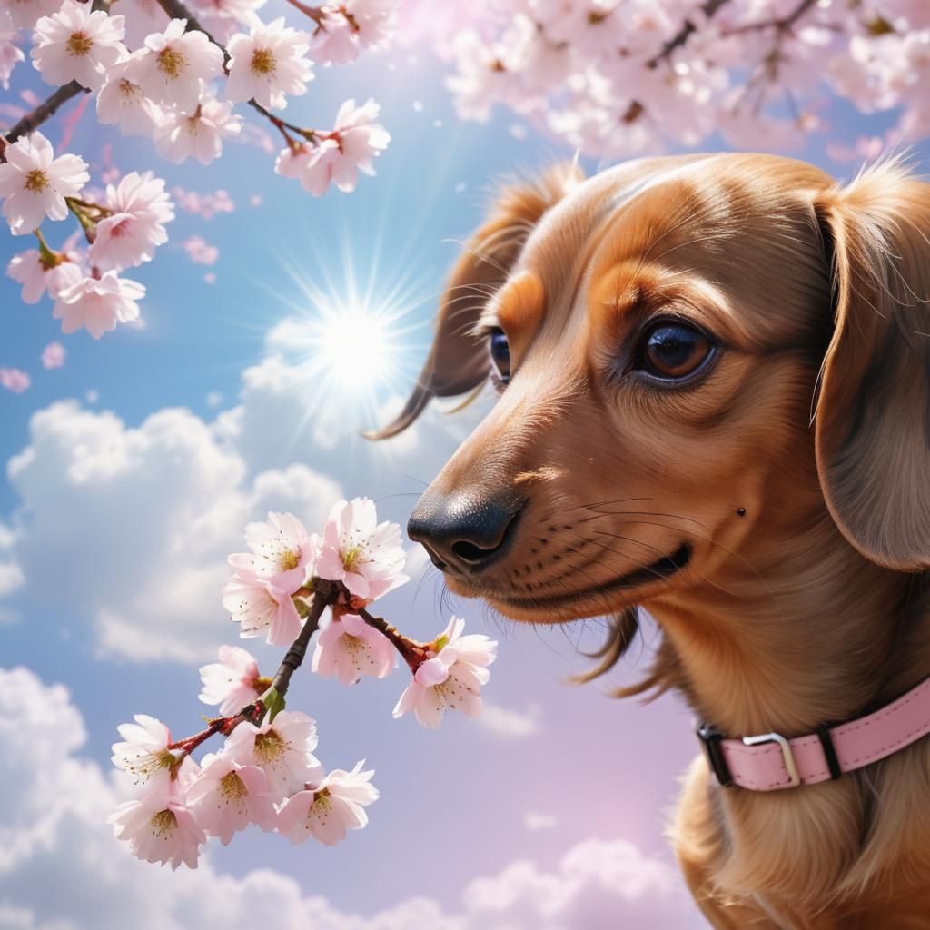 Dachshund with cherry blossom flowers
