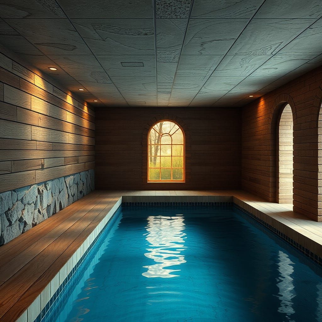 Indoor Pool with Weathered Wood and Stone Textures