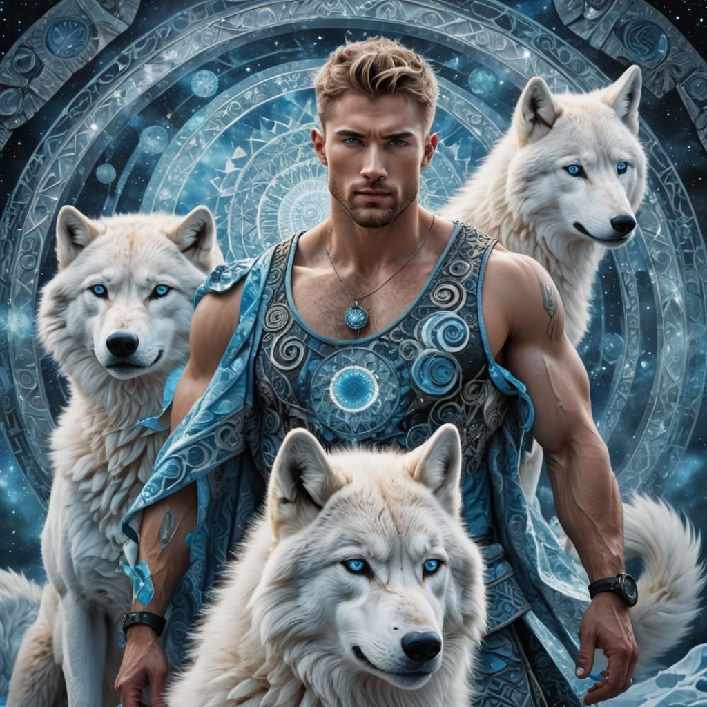 Man and Arctic Wolf in Cosmic Astral Scene