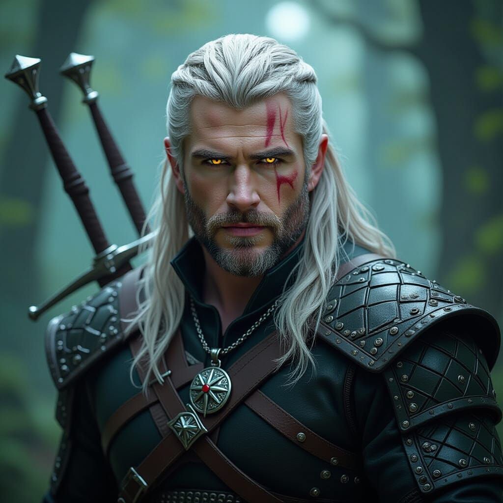 Geralt-inspired Warrior in Mystical Forest, Dark Fantasy Art
