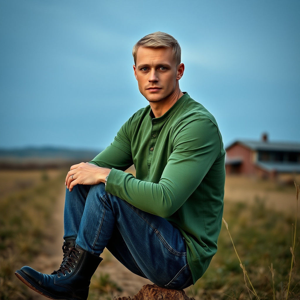Man in Green Shirt: Rustic Landscape Portrait