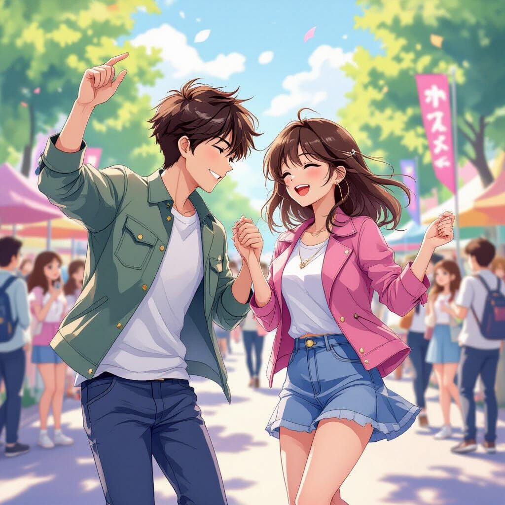 Anime Couple Dancing in Music Festival, Whimsical Style