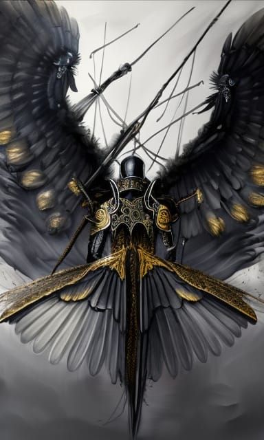 Hyperrealistic Crow Knight in Golden Hour Fog