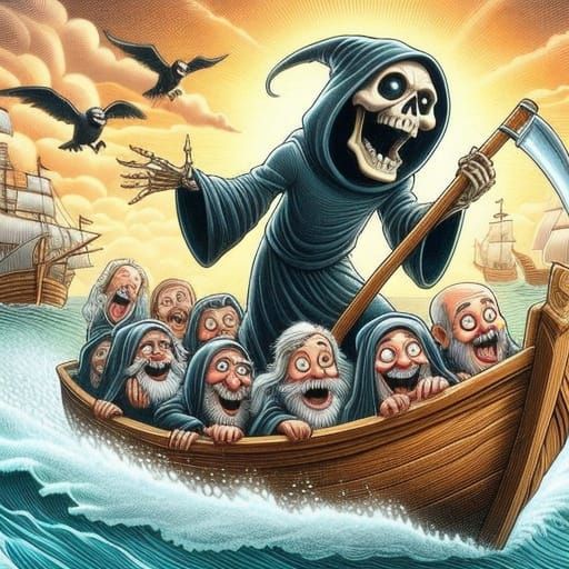 Grim Reaper on a Boat in a Hilarious Afterlife Scene