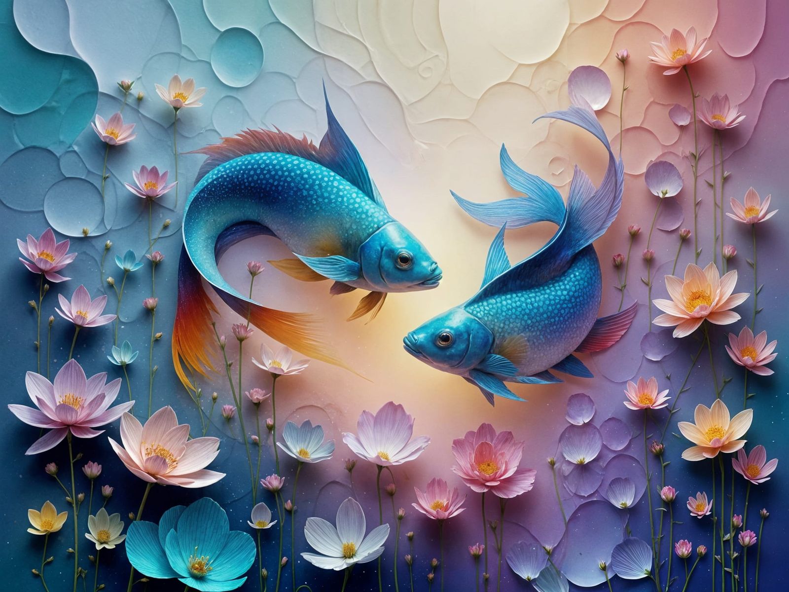 <lora:Akimora:1.0> Seeing flowers turn into two fish that lo...