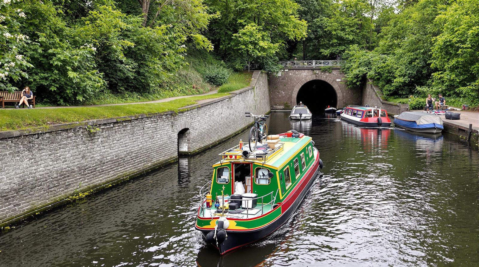 Peaceful Canal Scene with Green Narrowboat Cruising Under Lu...