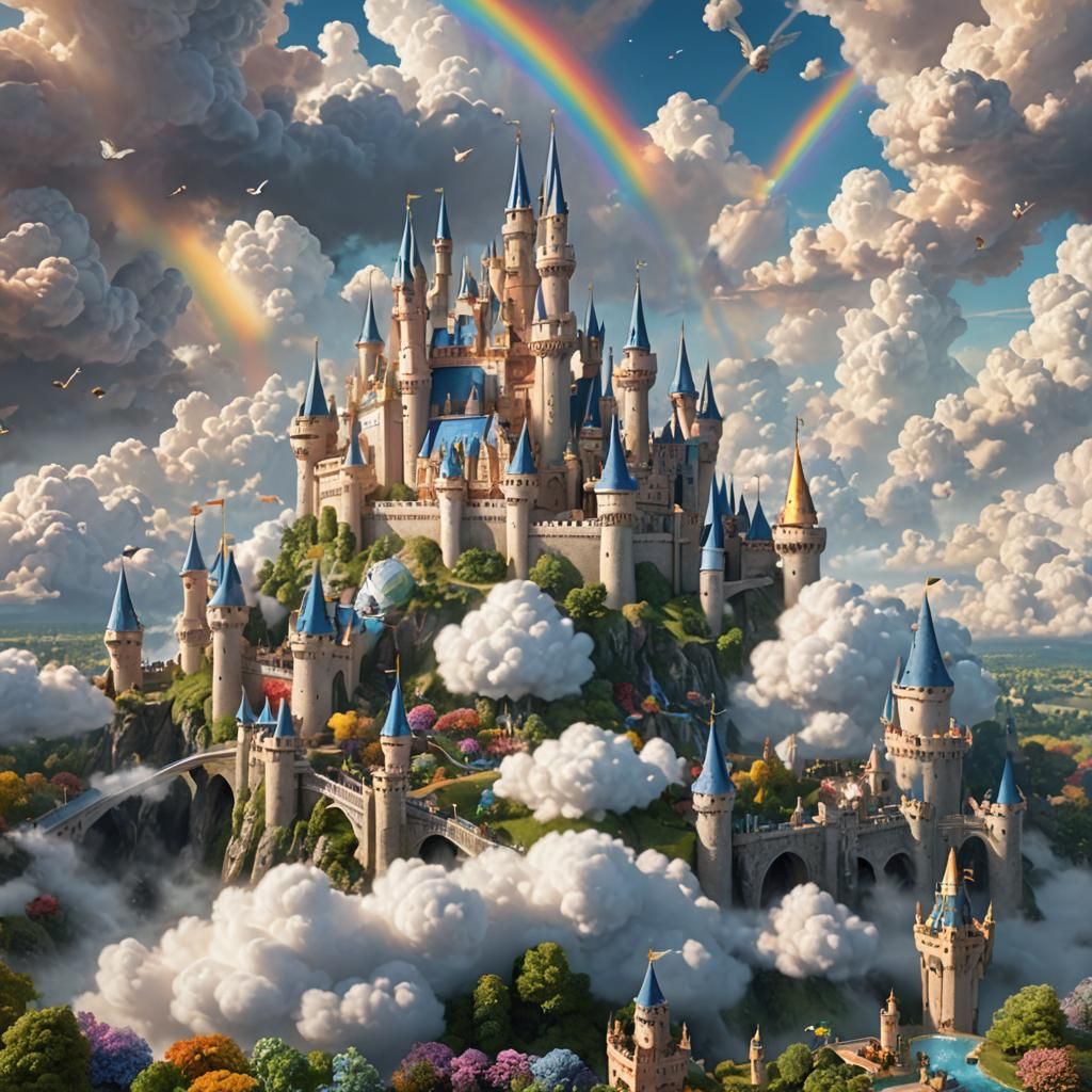 A magical scene featuring a Dreamy Cloud Castle Kingdom floating among fluffy clouds, with majestic castles, enchanting ...