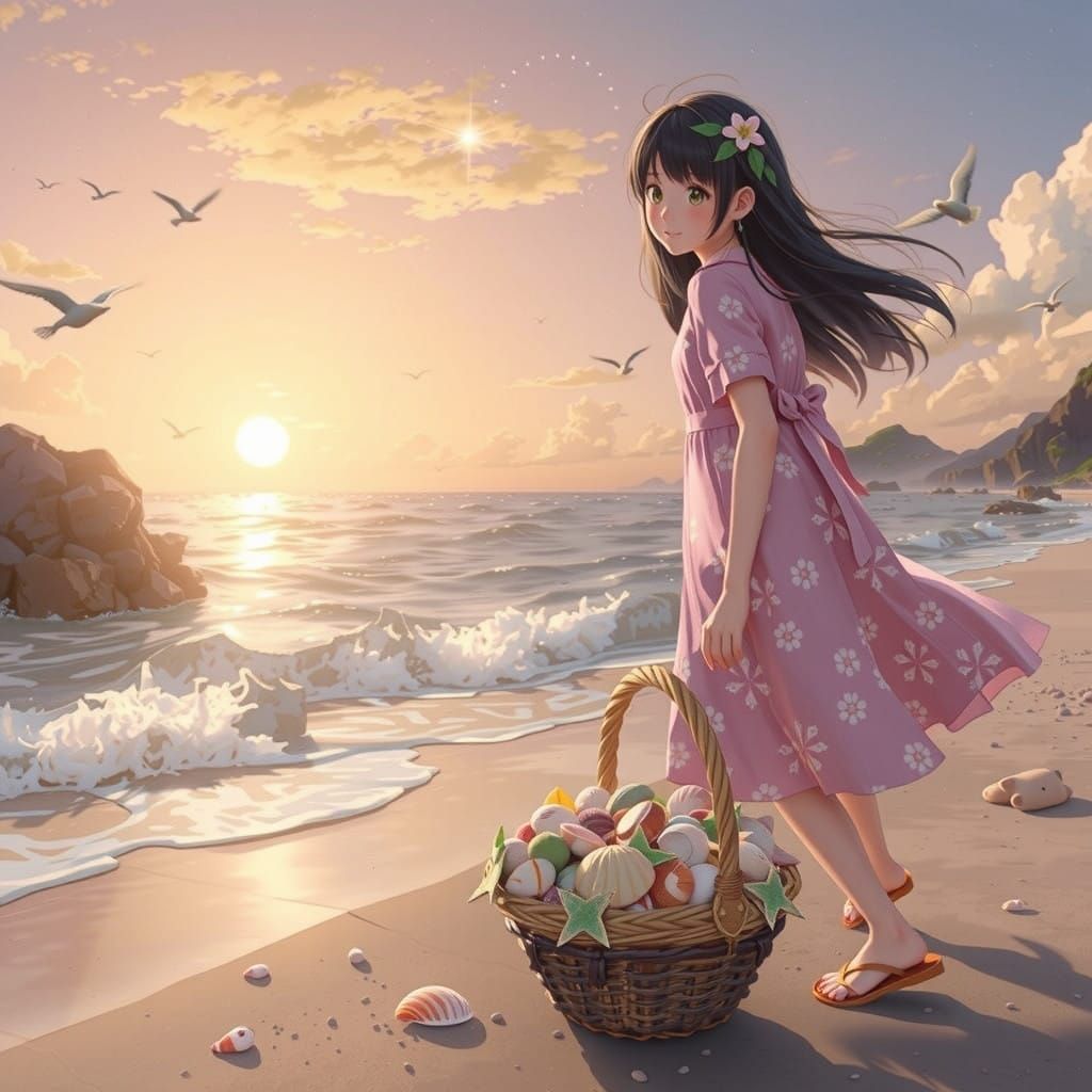 Girl Collecting Sea Shells on a Sunset Beach in Anime Style
