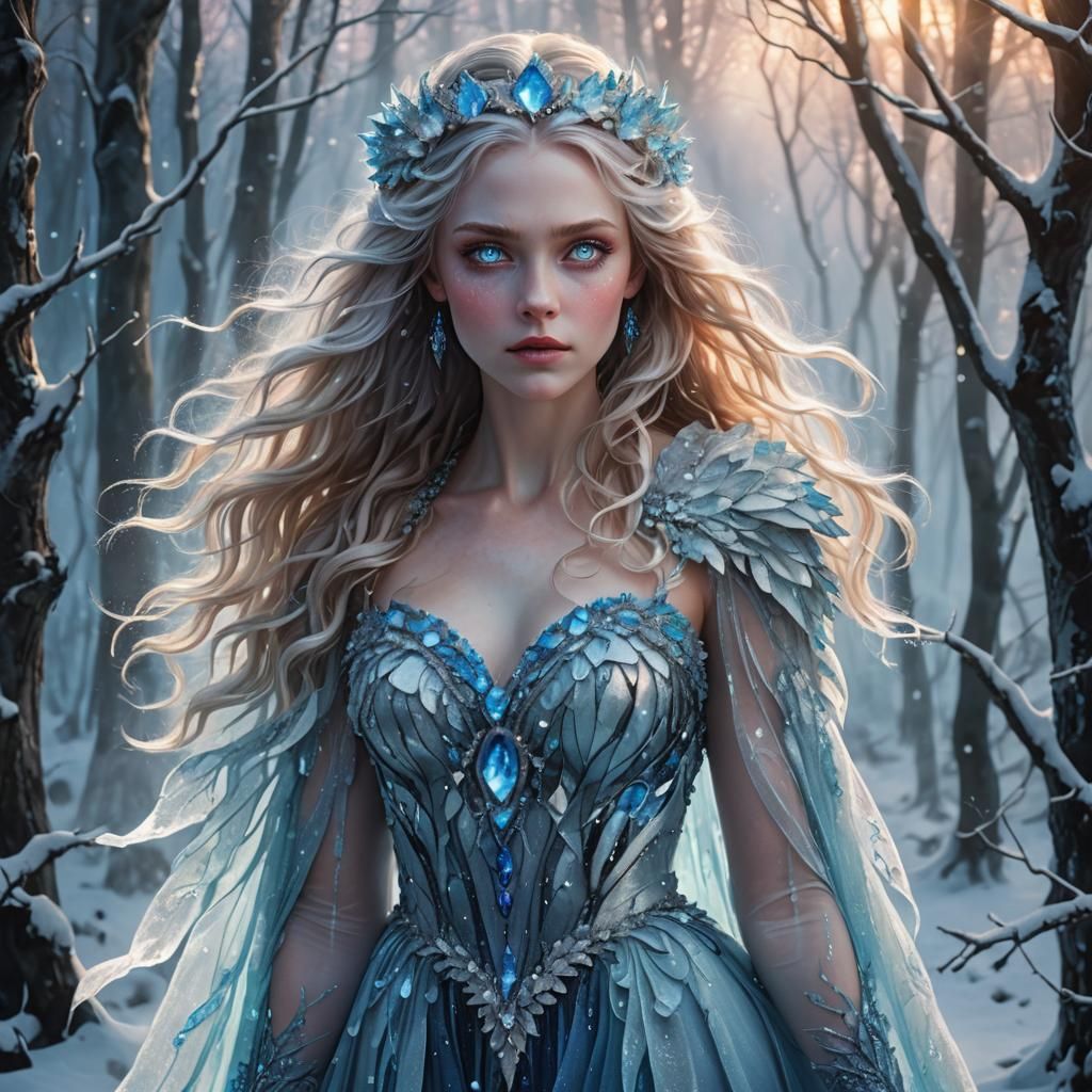 Fantasy Fire and Ice Lady in Snowy Forest