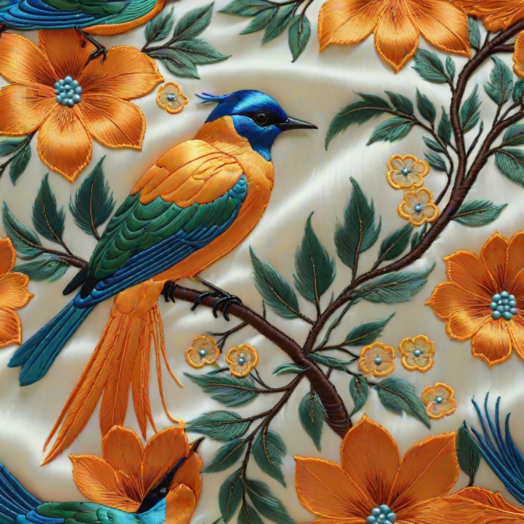 a piece of extremely smooth and soft white silk with an embroidered bird