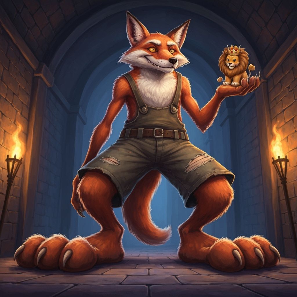 Giant Sly Fox Holds Lion King in Torchlit Dungeon