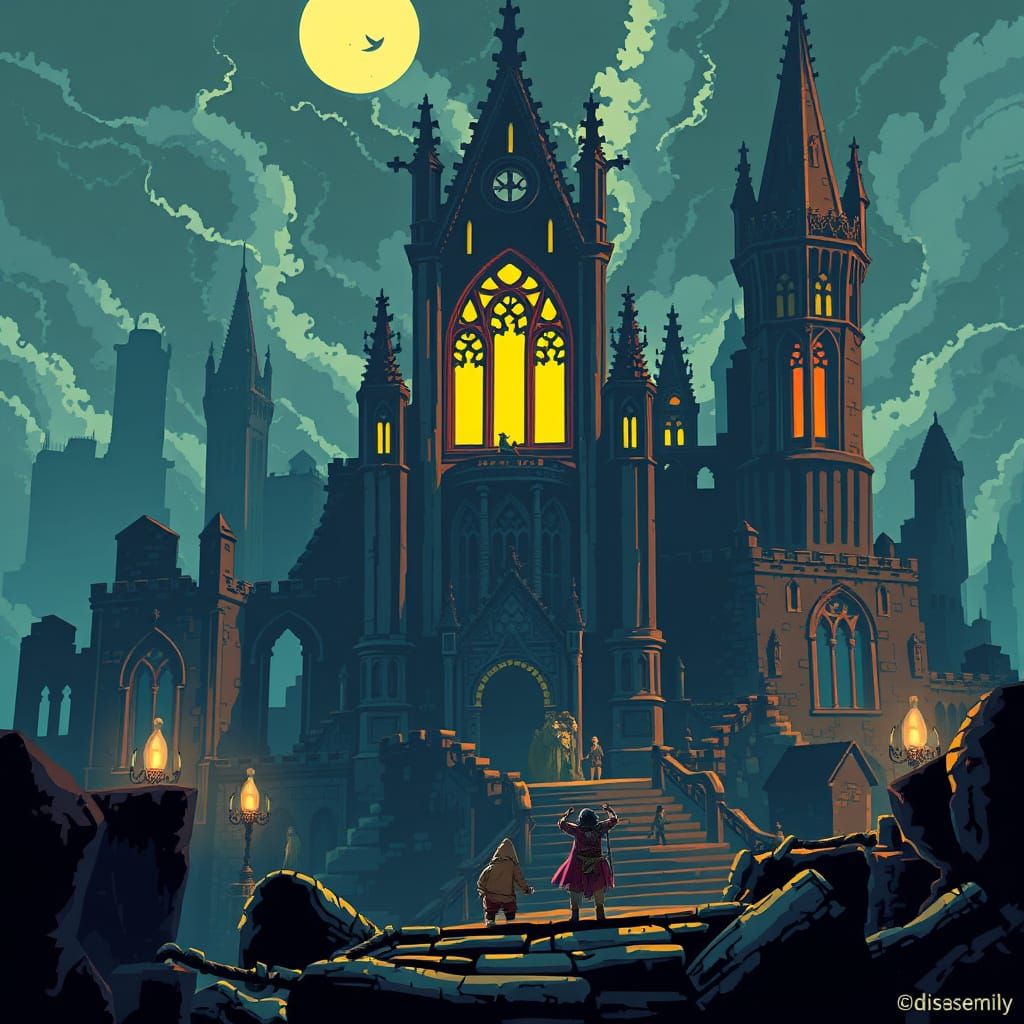 Gothic Pixel Art Castle Ruins in 2D Style
