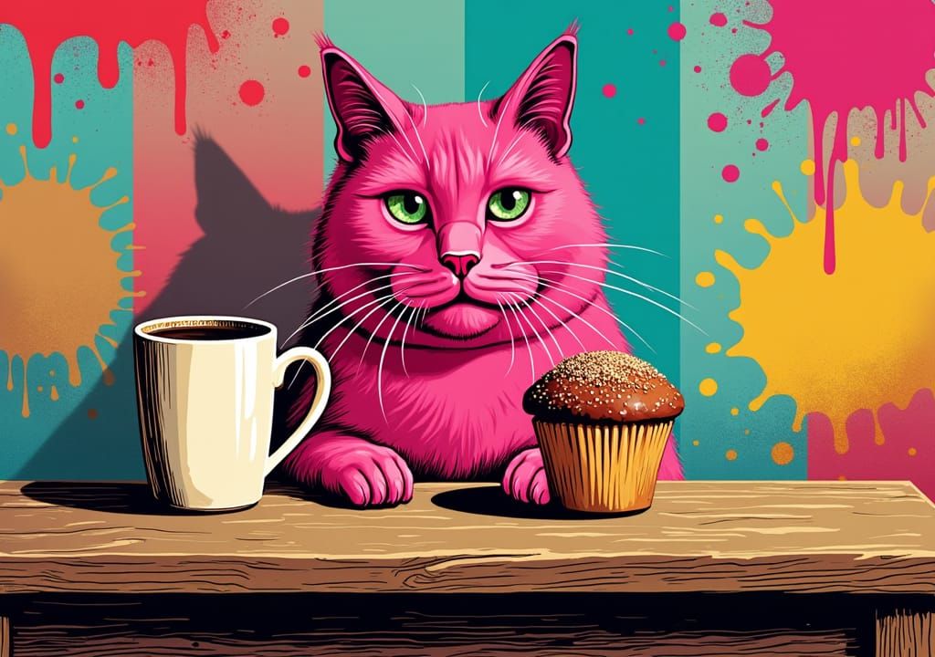 Pop Art: Pink Cat, Coffee, and Muffin