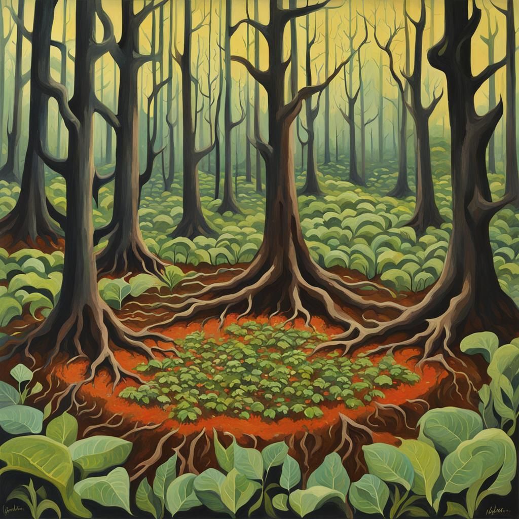 Detailed Gouache Painting of Hidden Roots