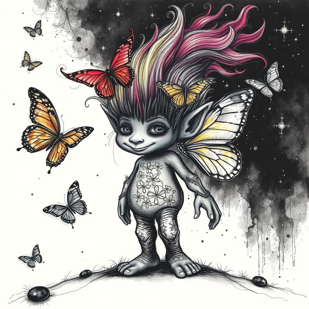 For the "Trolls" challenge, a avant-garde black and white and rainbow troll body with butterflies fighting cancer cells ...