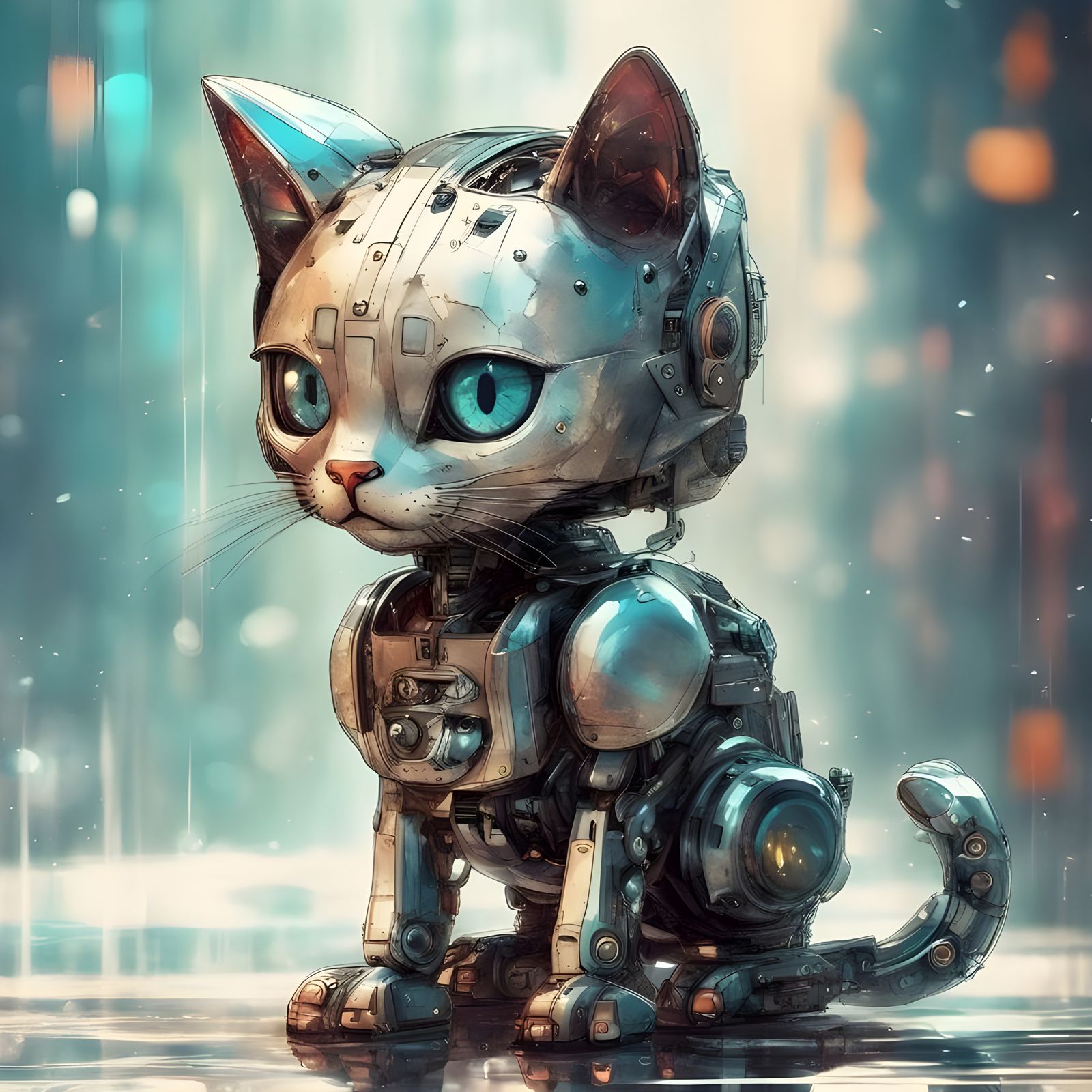 Cute Glassy Robot Kitty in Watercolor Cyberpunk Style