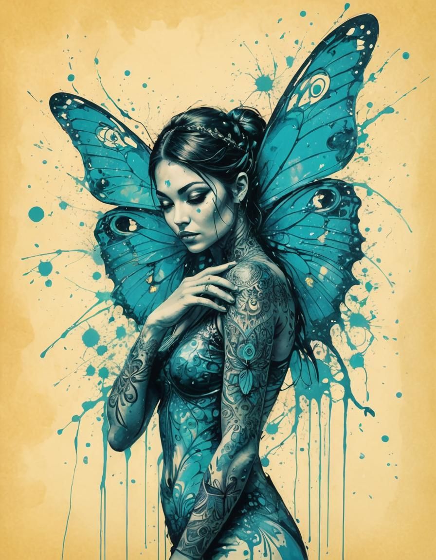 Psychedelic Ink Splatter Art: Butterfly Woman Portrait