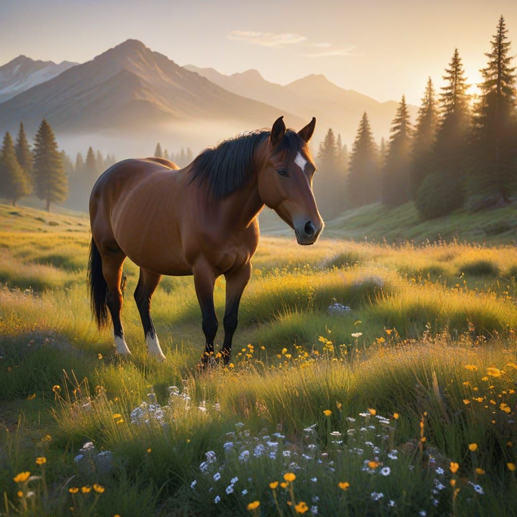 Horse in Meadow, Bob Ross Style Landscape