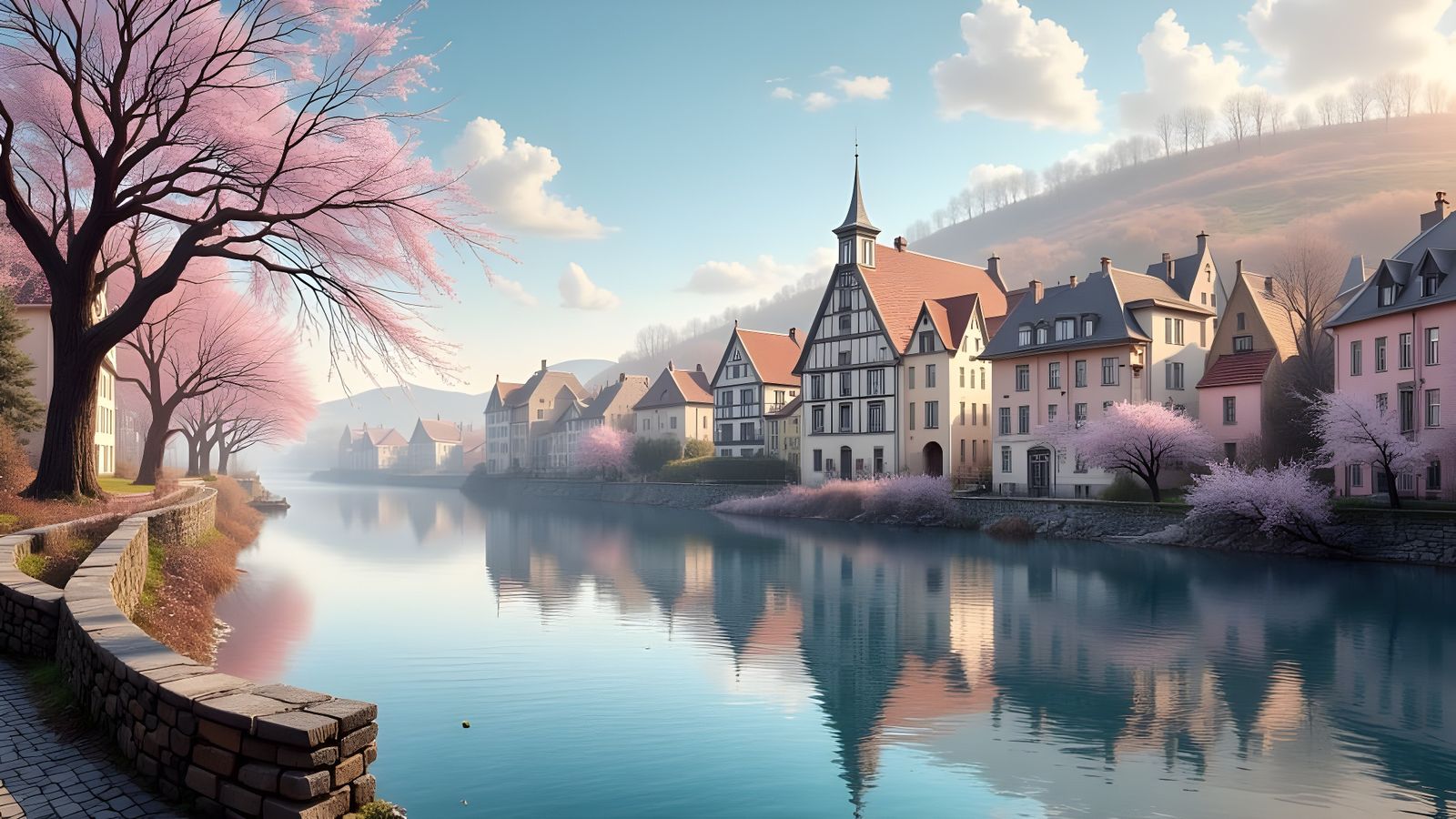 Tranquil Riverside Scene in Photorealistic Style