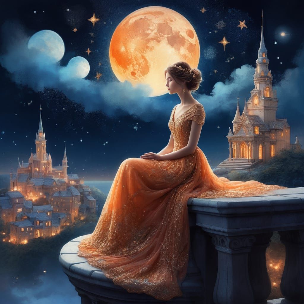 Elegant Woman Gazing at Magical Night Sky