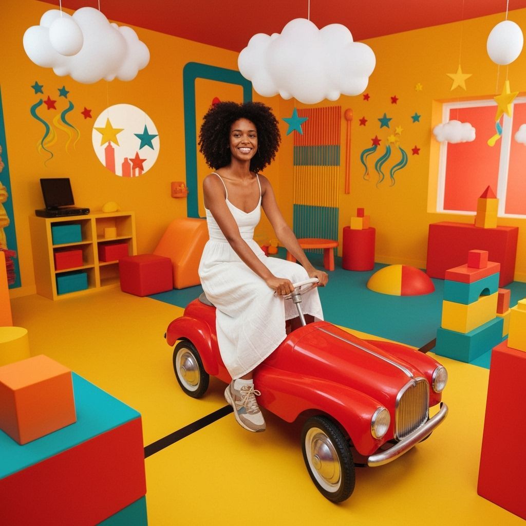 Woman Rides Toy in Playroom: Pop Surrealism