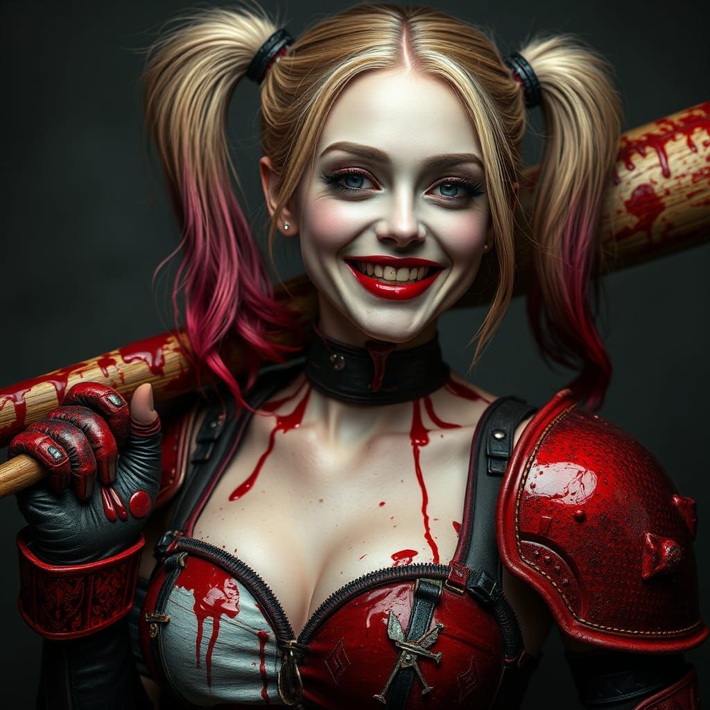 Hyperrealistic Woman in Blood Armor with Bloody Bat
