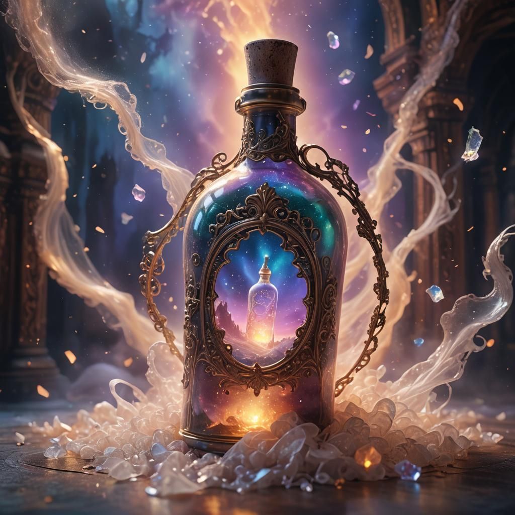 Glowing Bottle in Dreamlike Realm: Fantasy Concept Art
