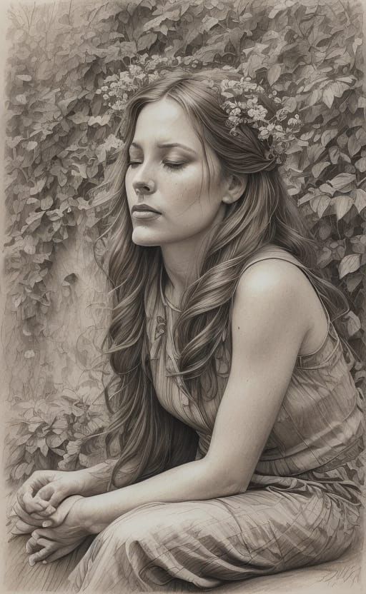 Emotional Woman in Garden: Hyper-Realistic Pencil Drawing