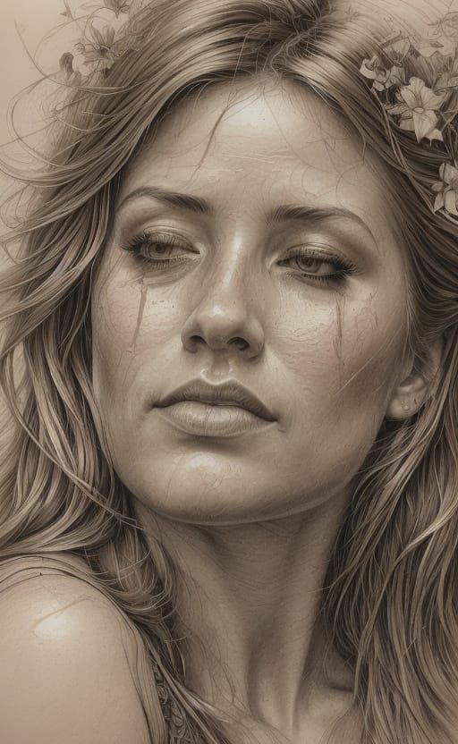 Emotional Woman in Garden: Hyper-Realistic Pencil Drawing