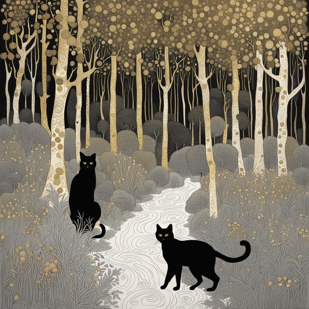 Golden Cat in Forest, Klimt-Inspired Art