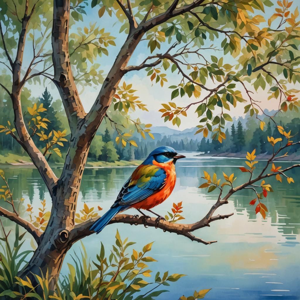 Bird on Branch in Gouache Watercolor Style