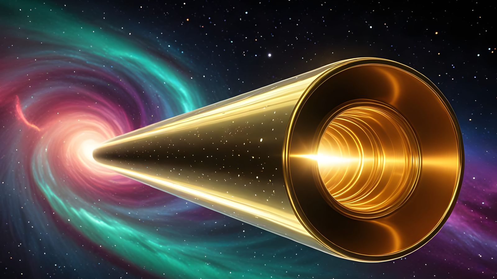 Ultra Sleek Golden Cylinder Racing Through Cosmic Vortex