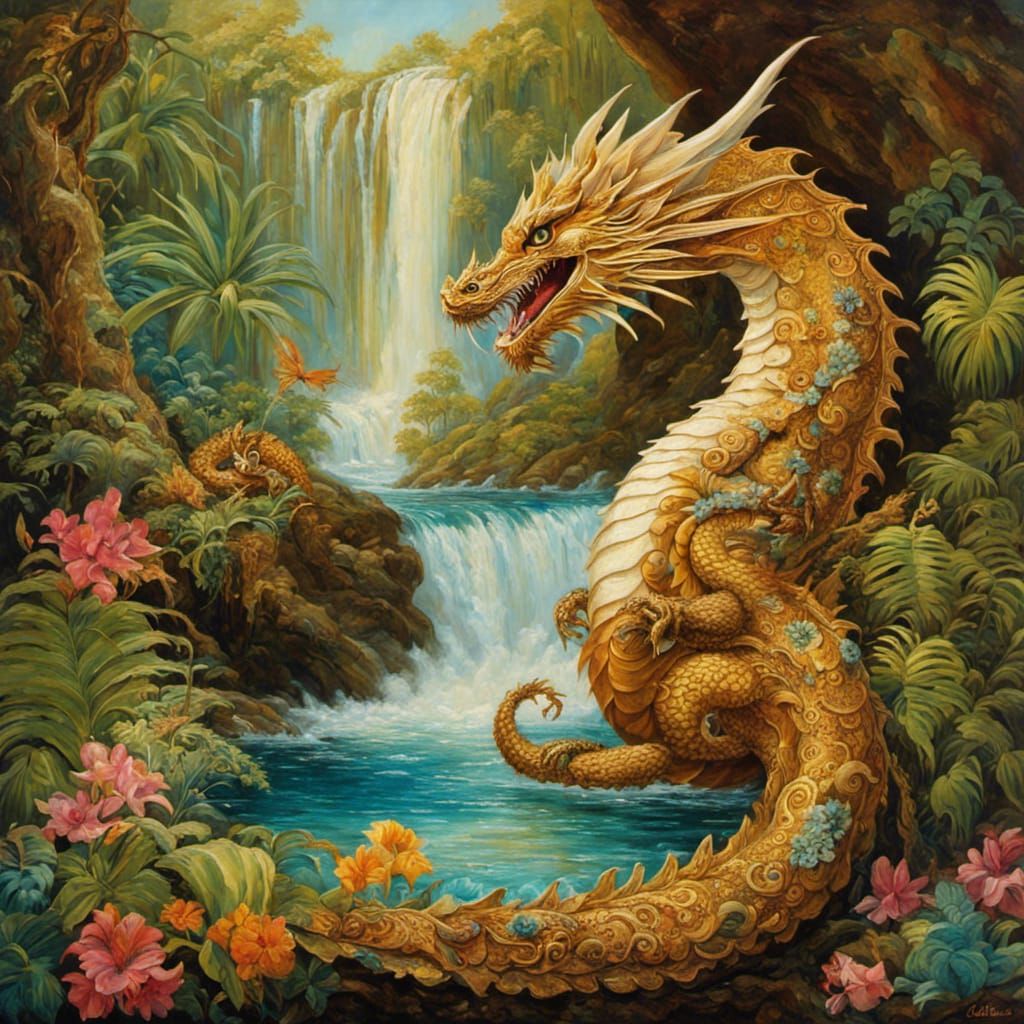 Chocolate Dragon by Waterfall: Fantasy Oil Painting