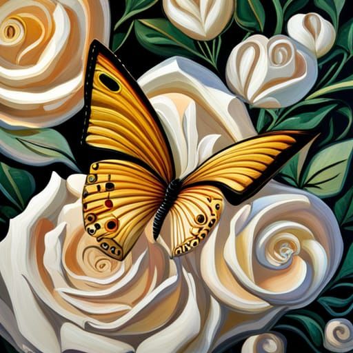 Golden Mechanical Butterfly on Silver Roses, 3D Impasto Art