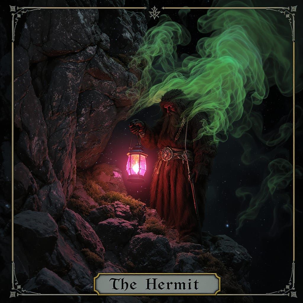 Mystical Hermit with Neon Lantern in Himalayas