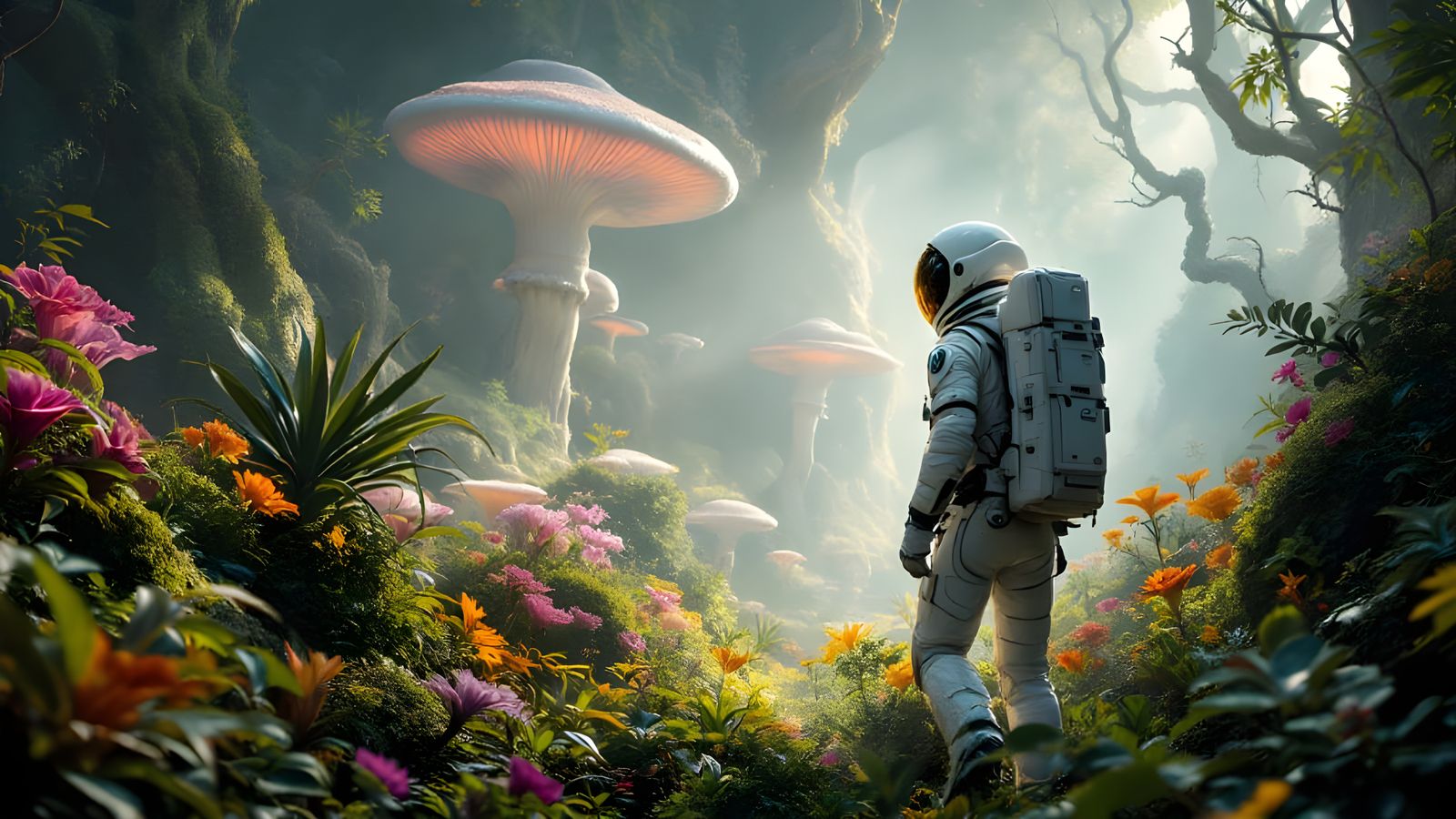 Futuristic Explorer in Alien Jungle Photograph