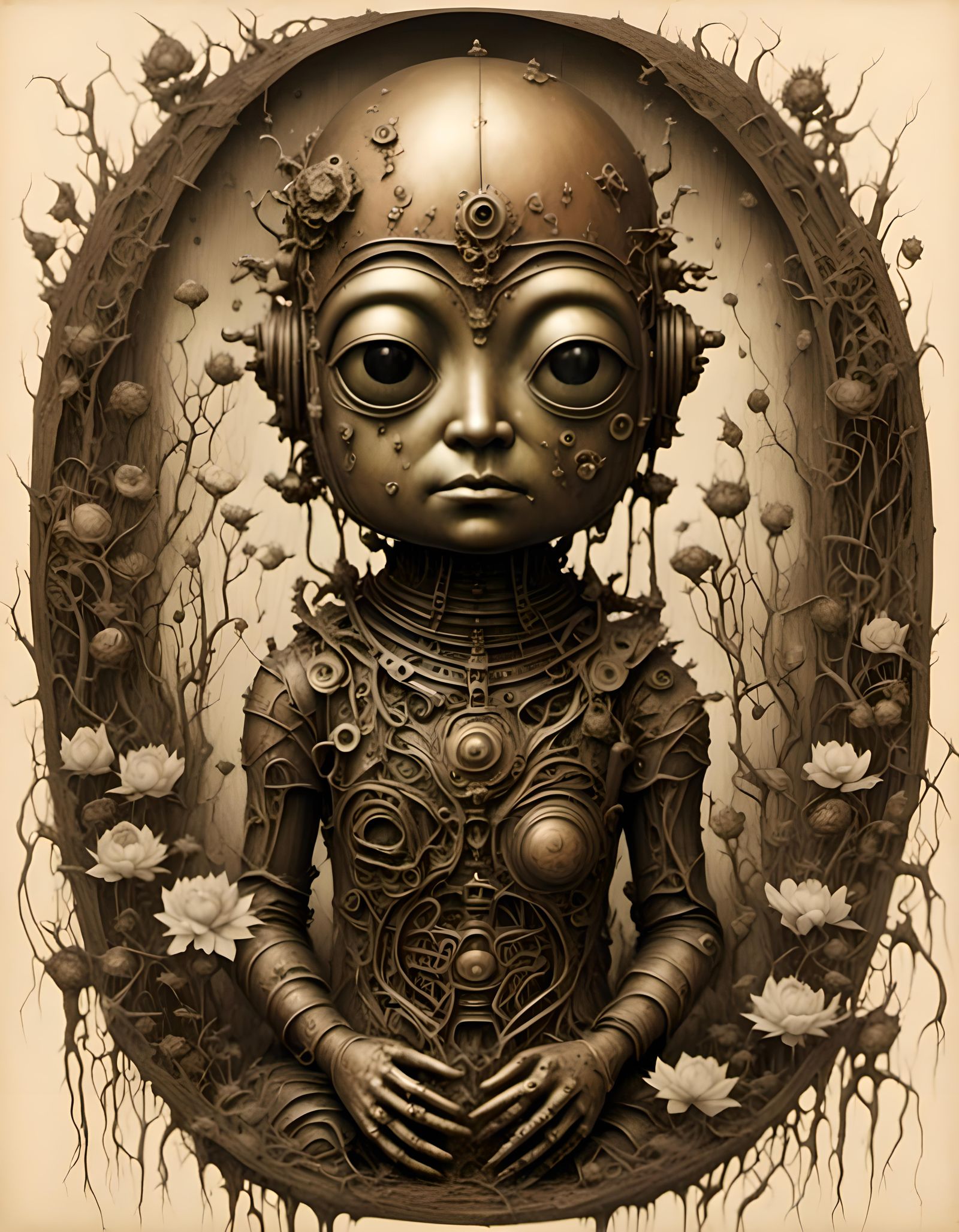Steampunk Robot Buddha with Lotus Flowers