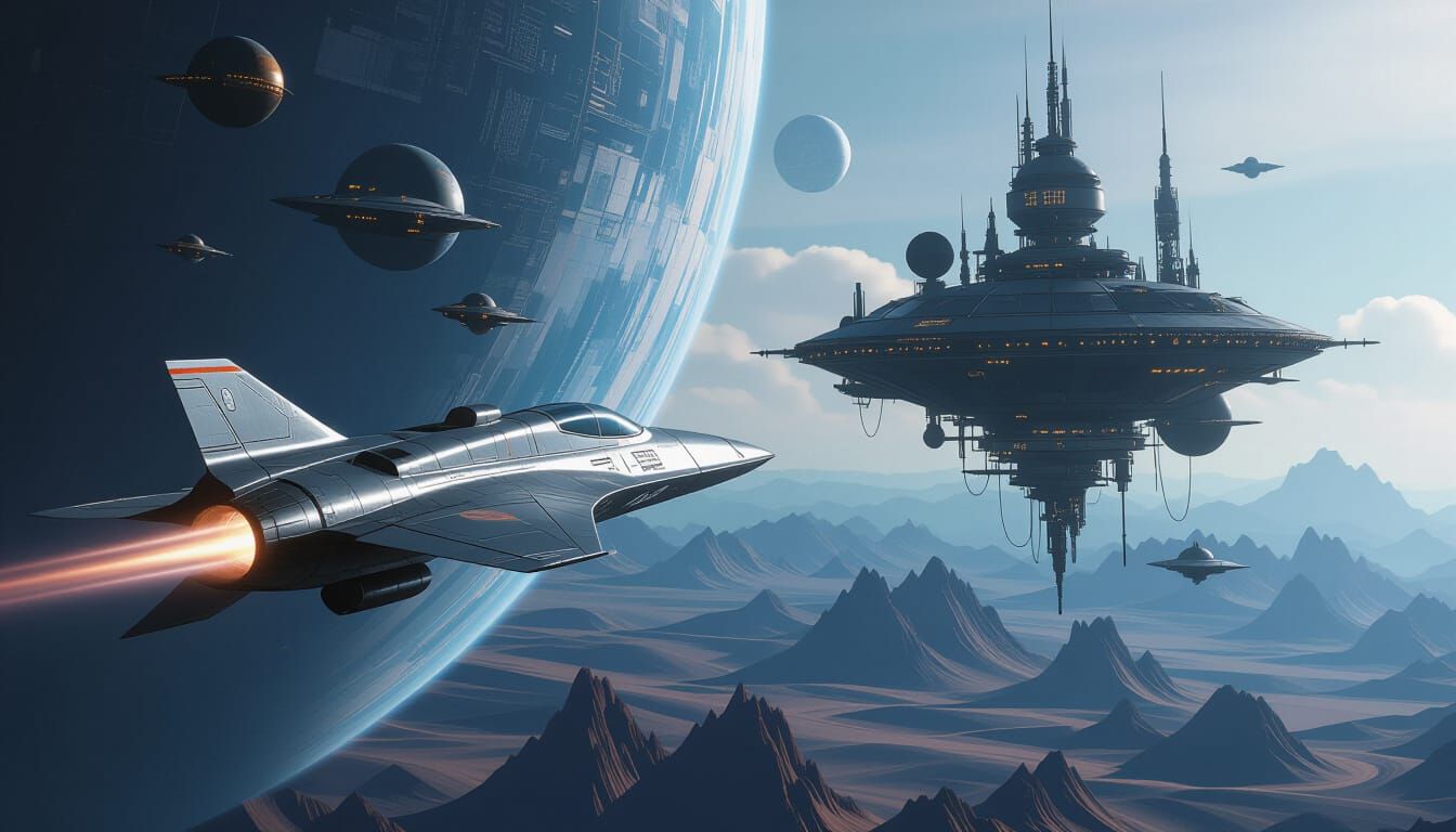 Futuristic Spaceship and Steampunk Station in Space
