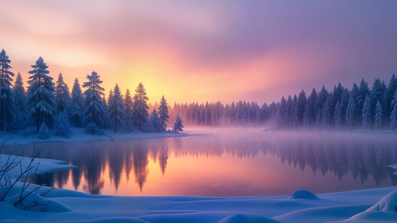 Mysterious Foggy Forest Over Frozen Lake at Dawn