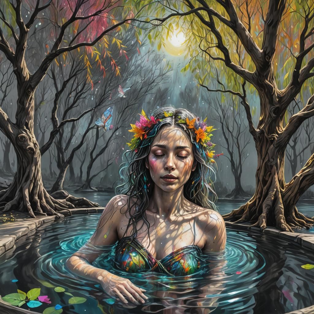 Wood Nymph Bathing: Holographic Charcoal Illustration