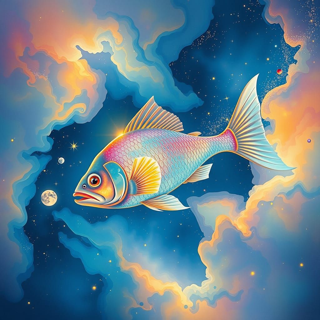 Cosmic Fish Soars Through Starry Sky in Dreamlike Style